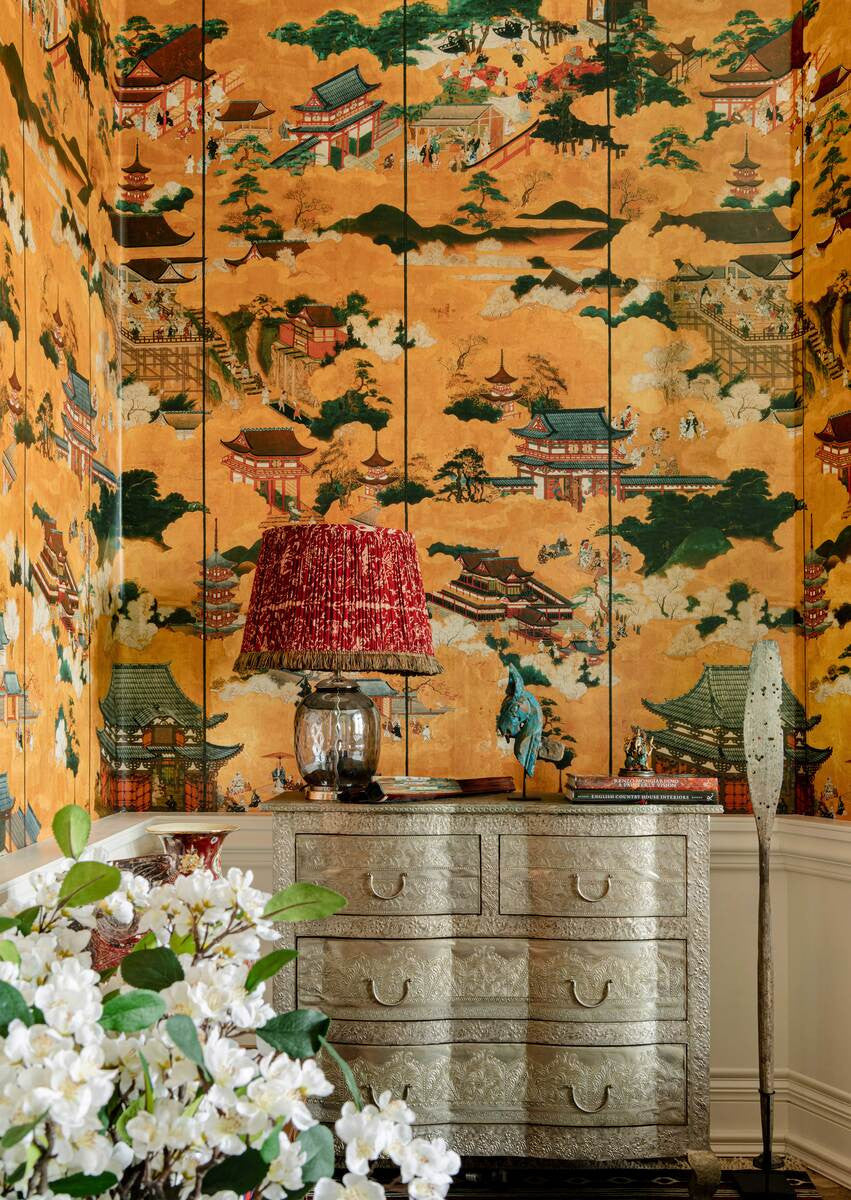 Floating World wallpaper in Golden Yellow by Natty & Polly, styled in an interior