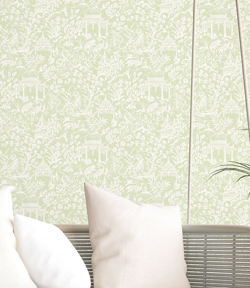 Oriental Toile Wallpaper, Cocolea Natty & Polly, Green, Per roll (53 cm × 10 m),