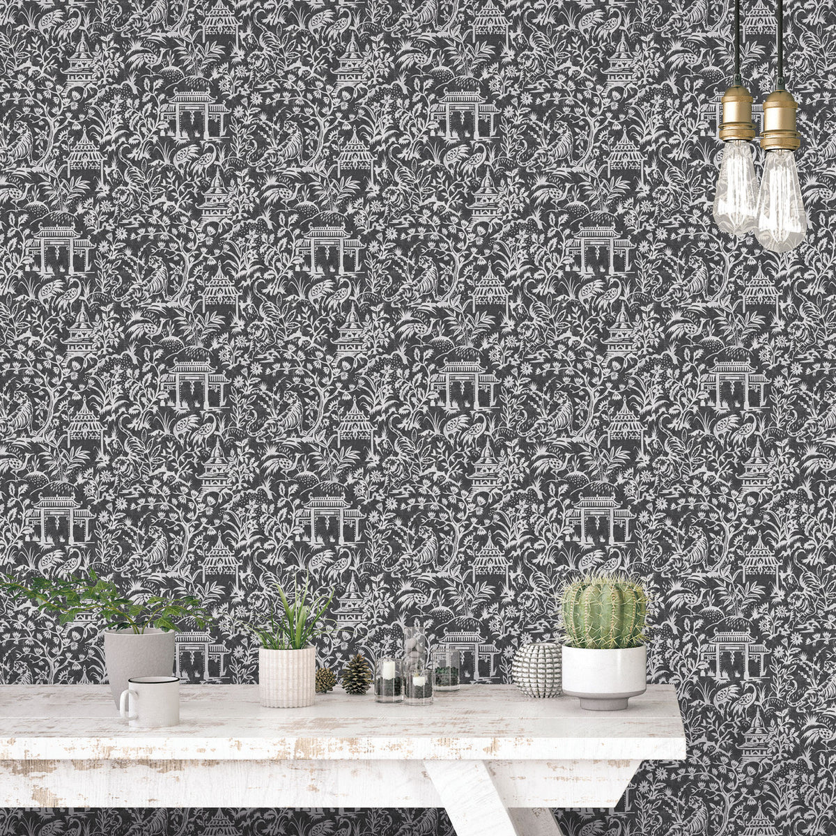 Oriental Toile Wallpaper, Cocolea Natty & Polly, Black, Per roll (53 cm × 10 m),