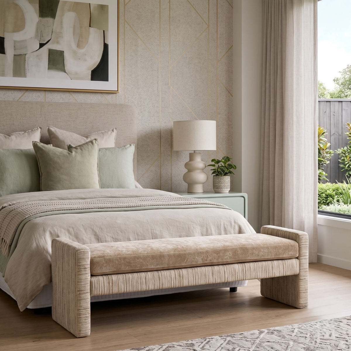 Harris Upholstered Bench – Almond & Oxford Tan, Satara, , ,