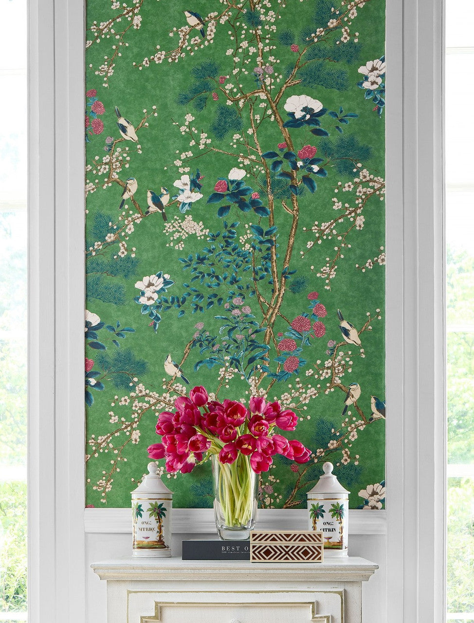 Katsura wallpaper in Emerald by Natty & Polly, full pattern view