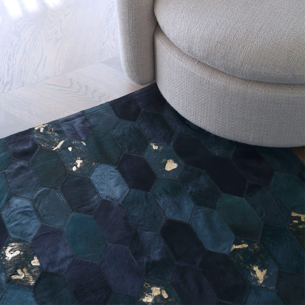 Hornet Teal and Gold Art Hide Rug, Cocolea, , ,