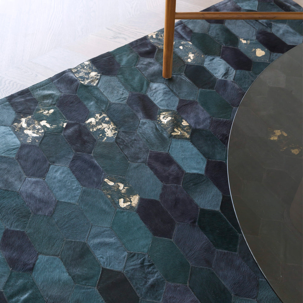 Hornet Teal and Gold Art Hide Rug, Cocolea, , ,