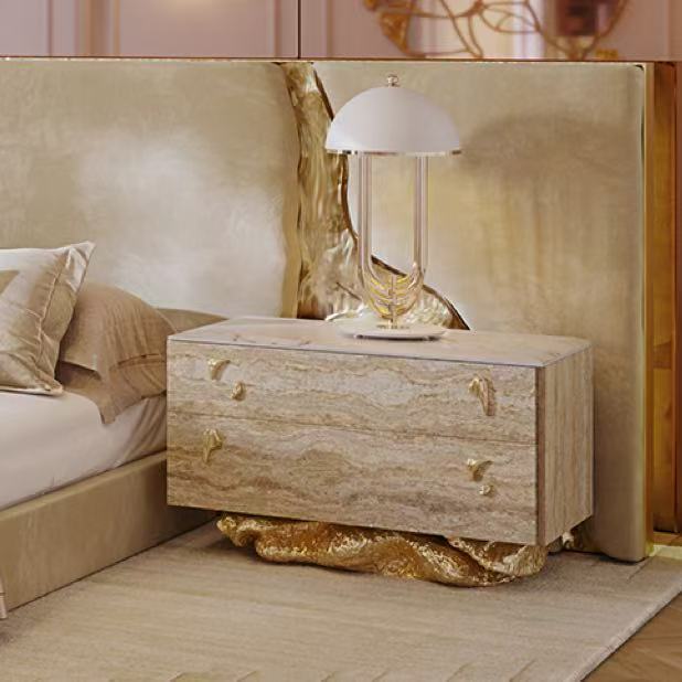 Incanto Travertine Veneer Luxury Bedside Table with Gold Leaf Detail | Designer Stone Nightstand