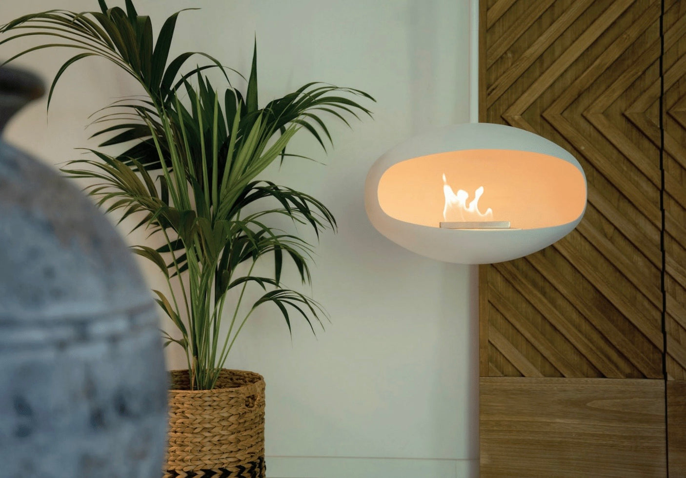 Cocoon Aeris Hanging Ethanol Fireplace – Matt White with White Angled Hanging Pole, Cocolea, , ,