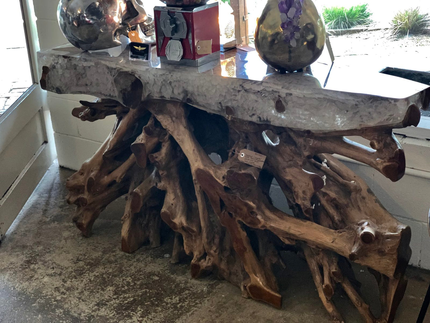 Natural Teak Root Wood Console Table with resin top, Cocolea, , ,