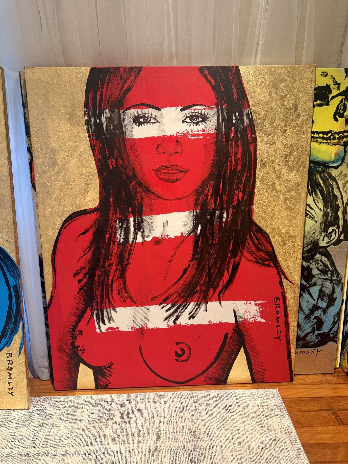 ‘Mallory’ Red Nude on Gold Leaf Metal gilding on Canvas (Original Artwork David Bromley), David Bromley, , ,