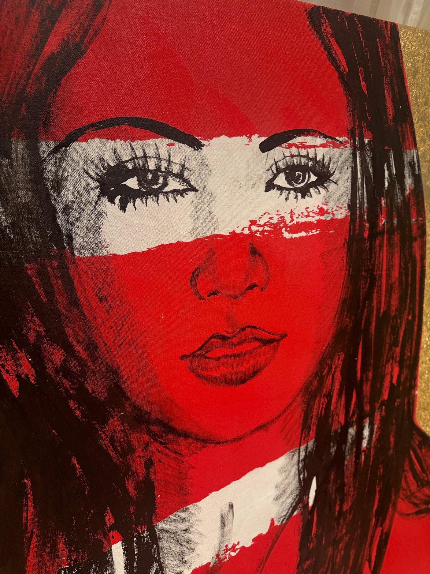 ‘Mallory’ Red Nude on Gold Leaf Metal gilding on Canvas (Original Artwork David Bromley), David Bromley, , ,