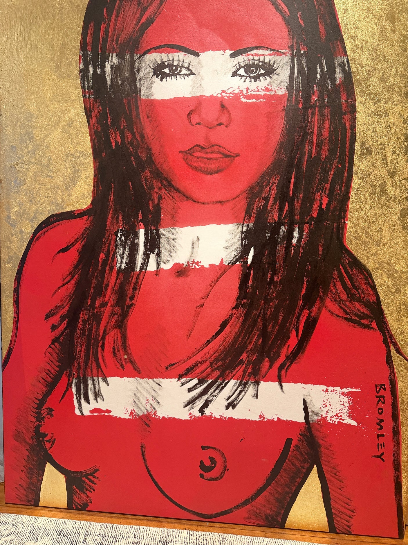 ‘Mallory’ Red Nude on Gold Leaf Metal gilding on Canvas (Original Artwork David Bromley), David Bromley, , ,