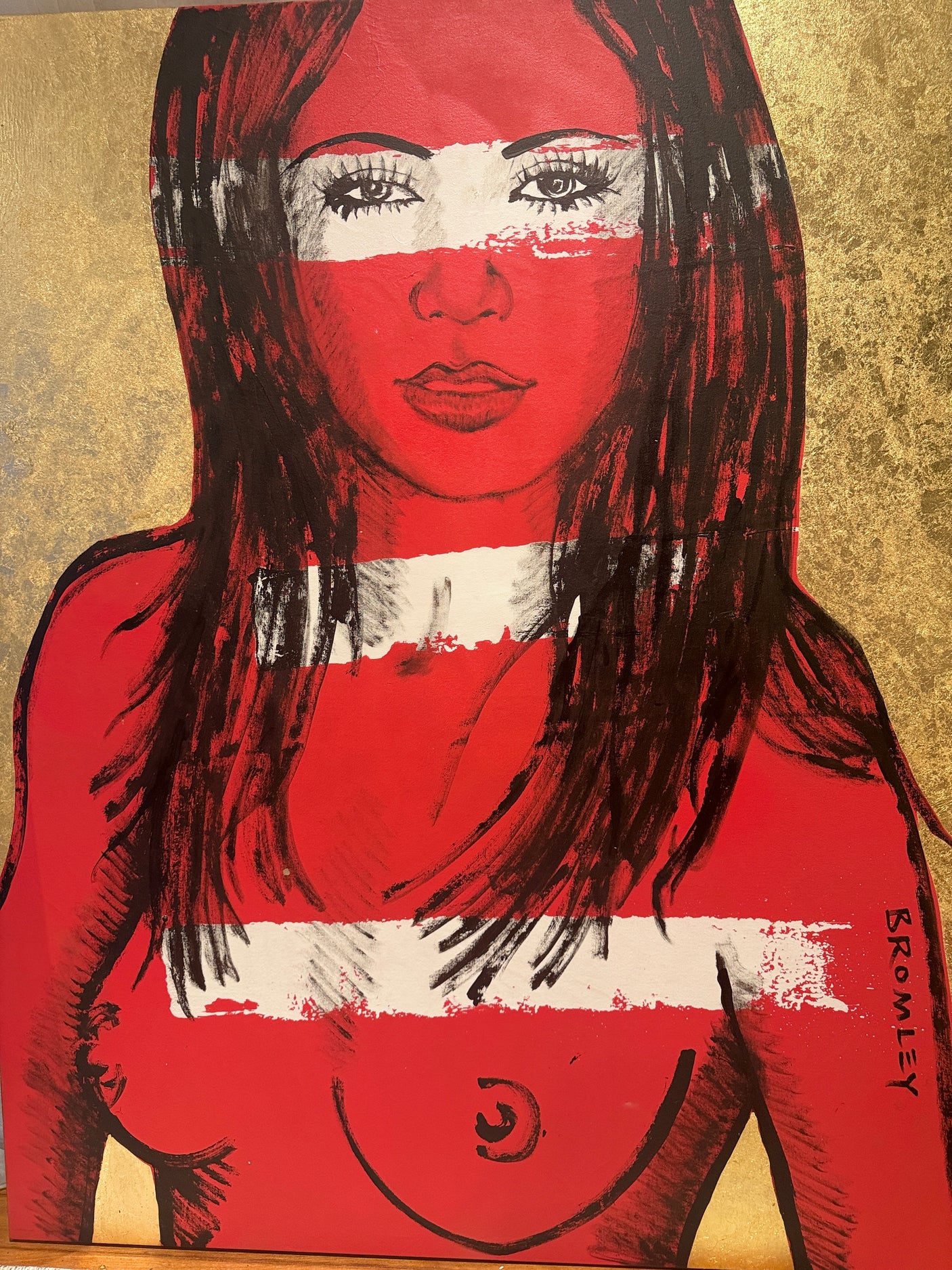 ‘Mallory’ Red Nude on Gold Leaf Metal gilding on Canvas (Original Artwork David Bromley), David Bromley, , ,