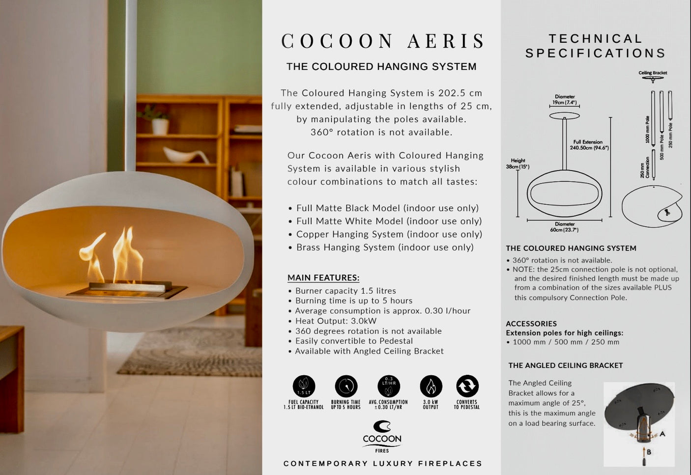 Cocoon Aeris Hanging Ethanol Fireplace – Matt White with White Angled Hanging Pole, Cocolea, , ,