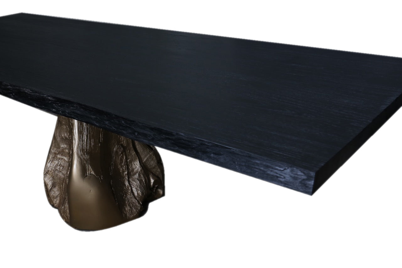 Caeli Burnt Suar Wood Dining table with Natural Edge and Gold Teak Root Base, Cocolea, , ,