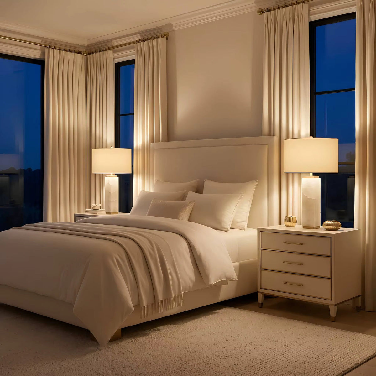 A pair of white quartz Serra table lamps styled on bedside tables in a cream bedroom at dusk
