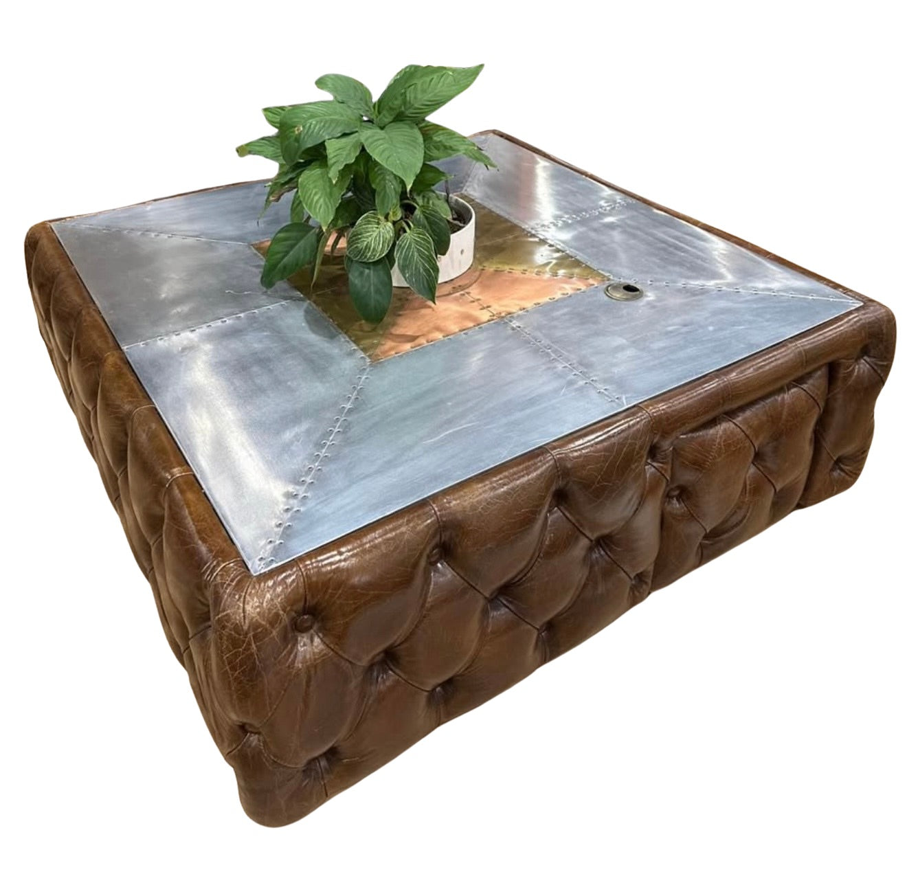Thomas Spitfire Aluminium, Brass, Copper & Brown Leather Square Coffee Table with Storage CLEARANCE FLOOR STOCK – ONLY ONE