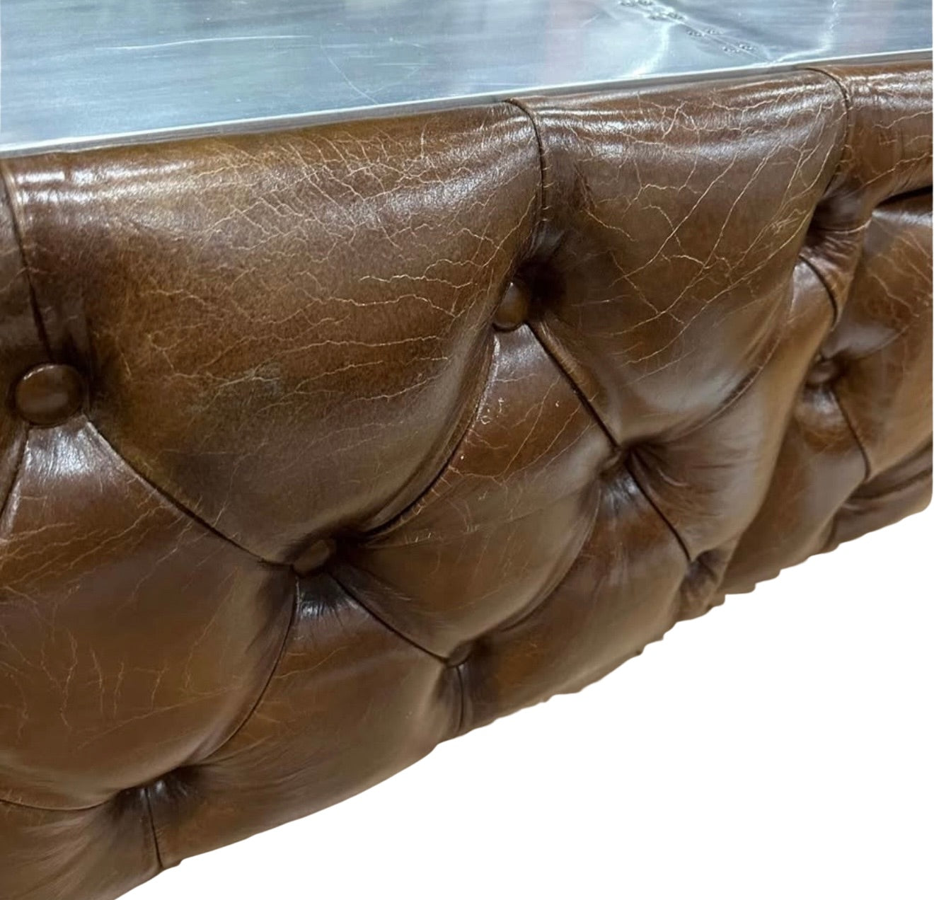 Thomas Spitfire Aluminium, Brass, Copper & Brown Leather Square Coffee Table with Storage CLEARANCE FLOOR STOCK – ONLY ONE