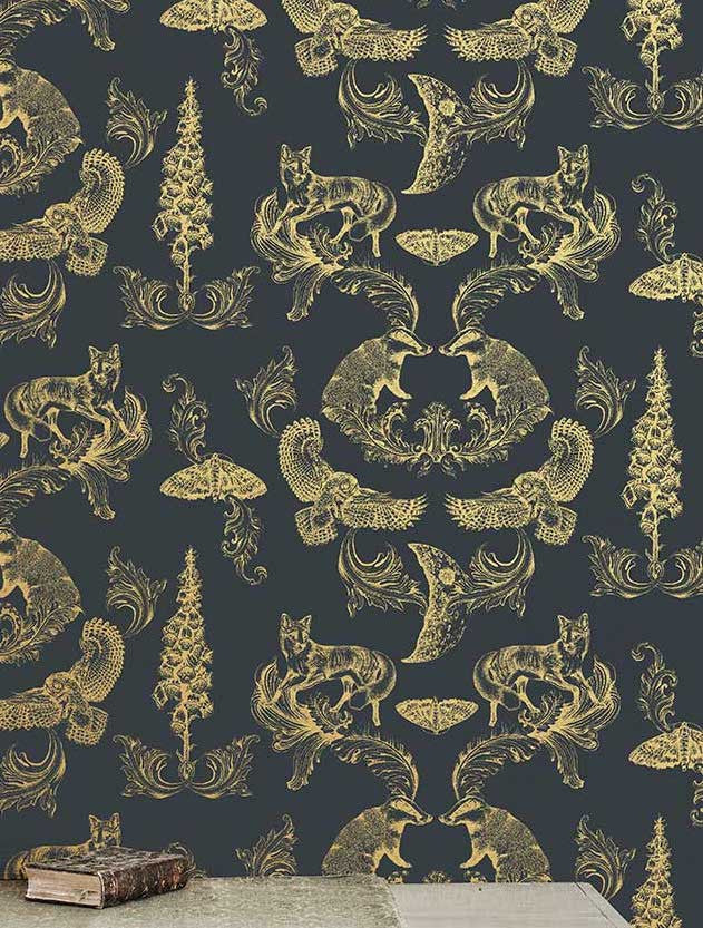 Dipped in Moonlight Wallpaper, Cocolea Natty & Polly, Charcoal / Gold, Per roll (52 cm × 10 m),