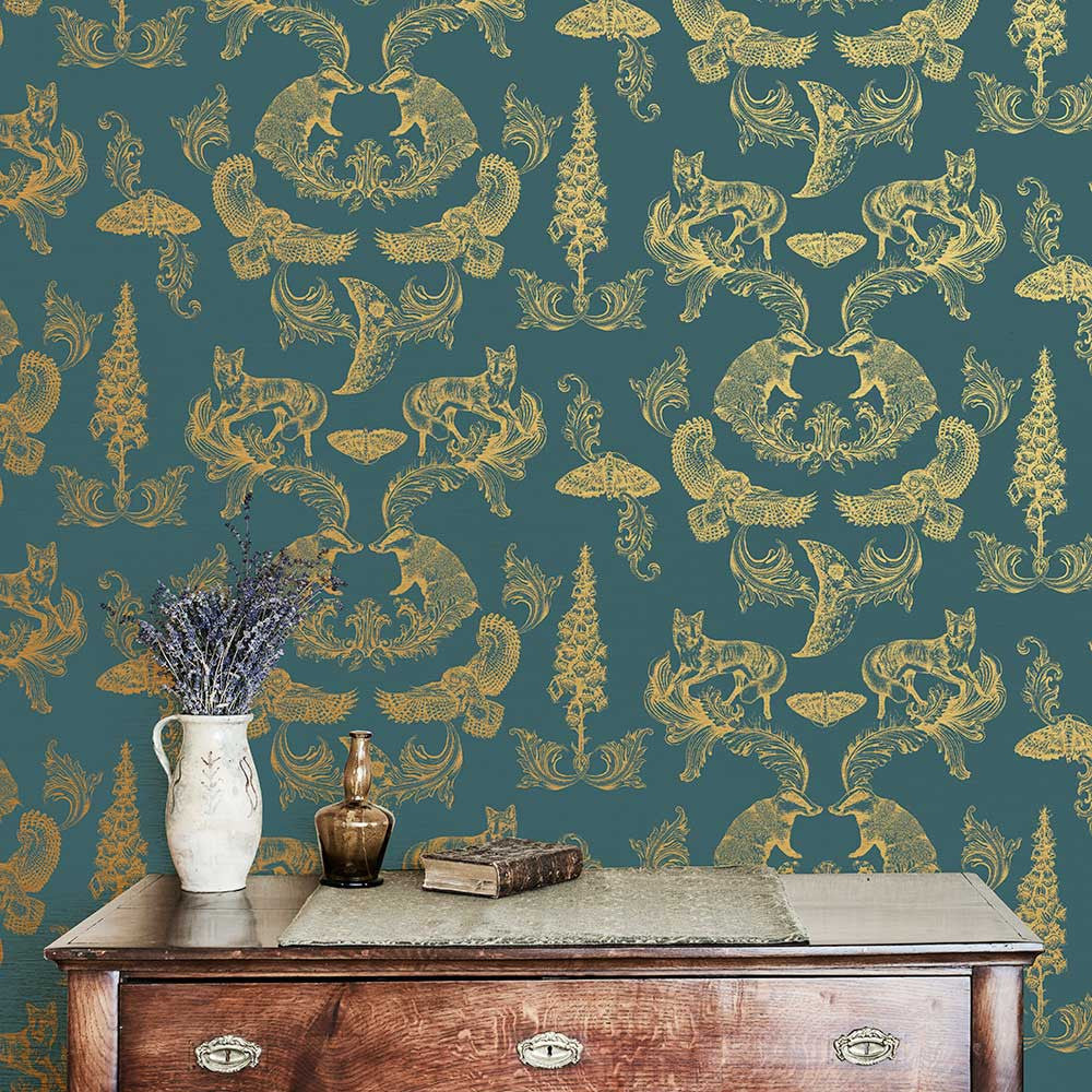 Dipped in Moonlight Wallpaper, Cocolea Natty & Polly, Teal / Gold, Per roll (52 cm × 10 m),