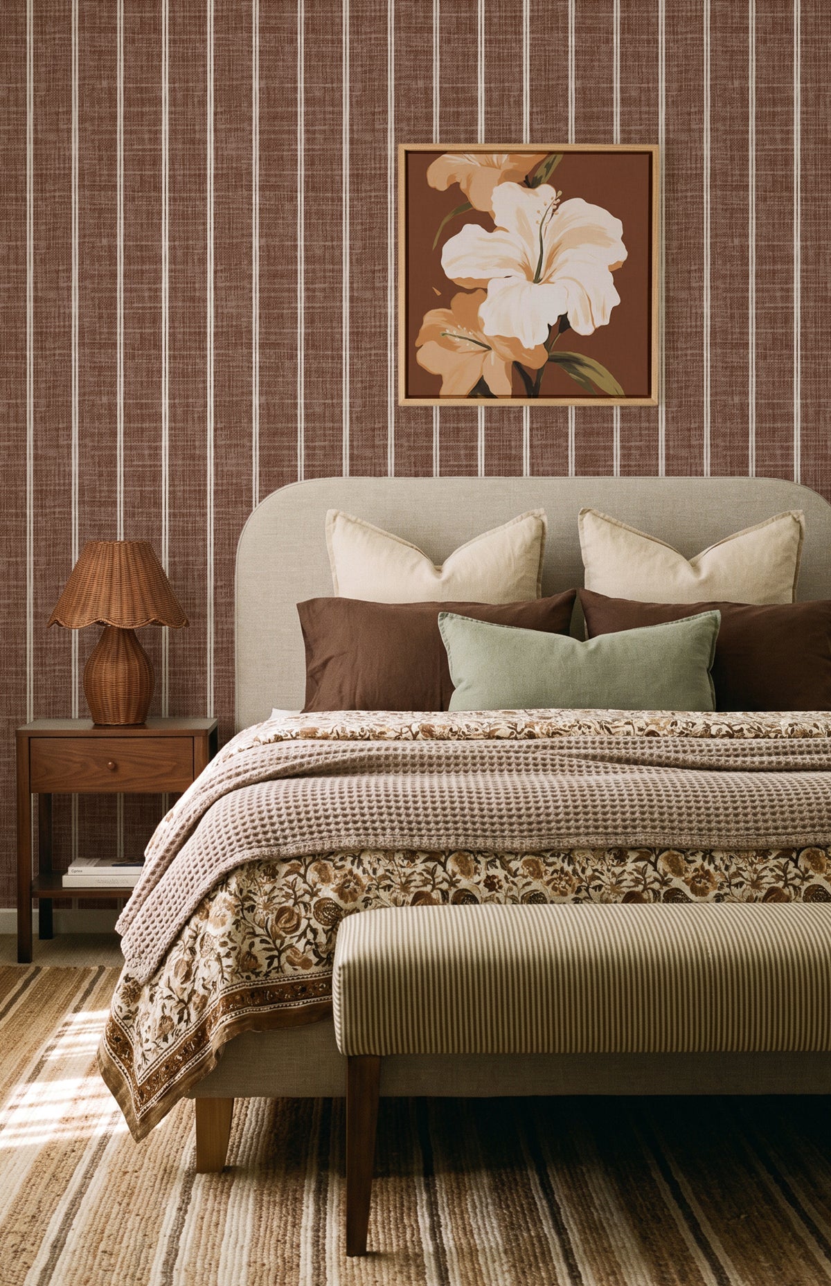 Linen Double Stripe wallpaper in Chocolate Brown by Olive et Oriel