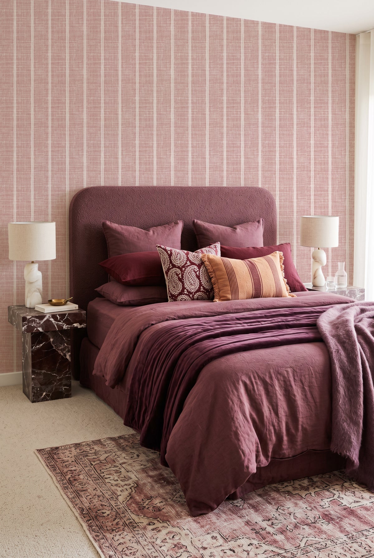 Linen Double Stripe wallpaper in Dusty Rose Pink by Olive et Oriel