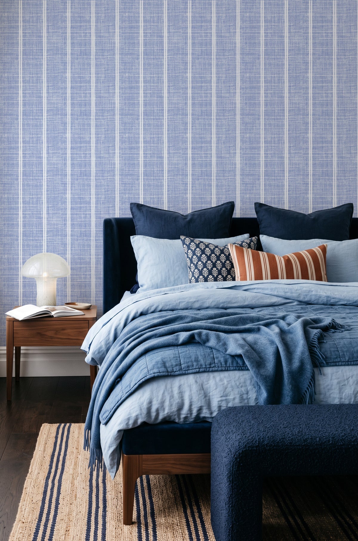 Linen Double Stripe wallpaper in Sky Blue by Olive et Oriel