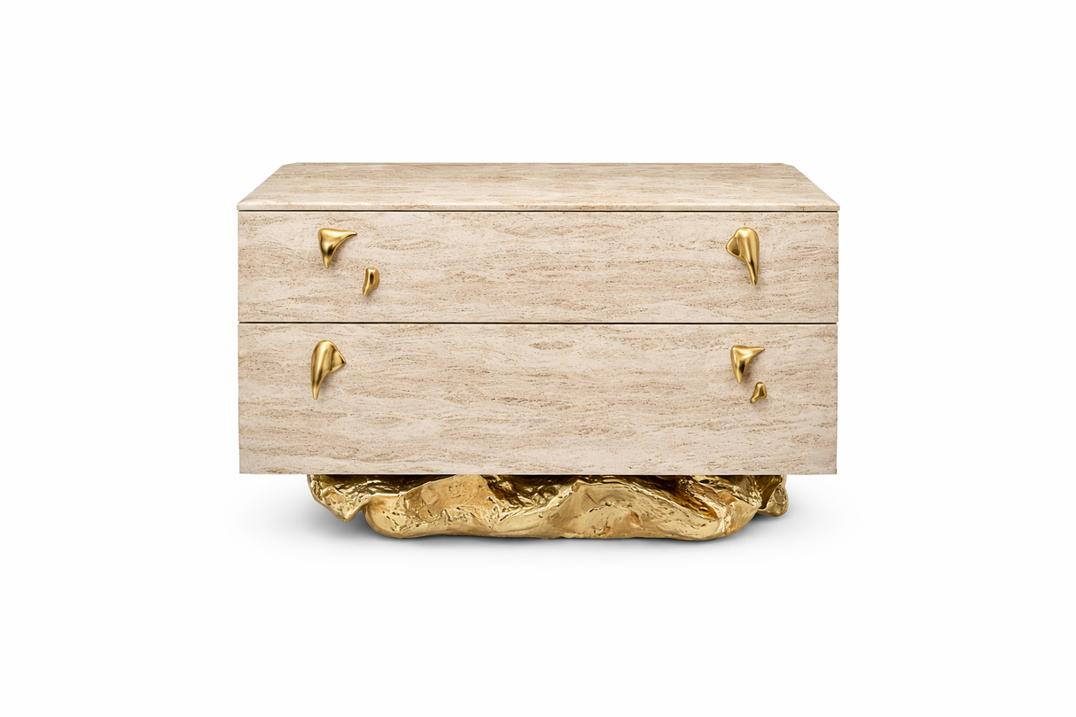 Incanto Travertine Veneer Luxury Bedside Table with Gold Leaf Detail | Designer Stone Nightstand
