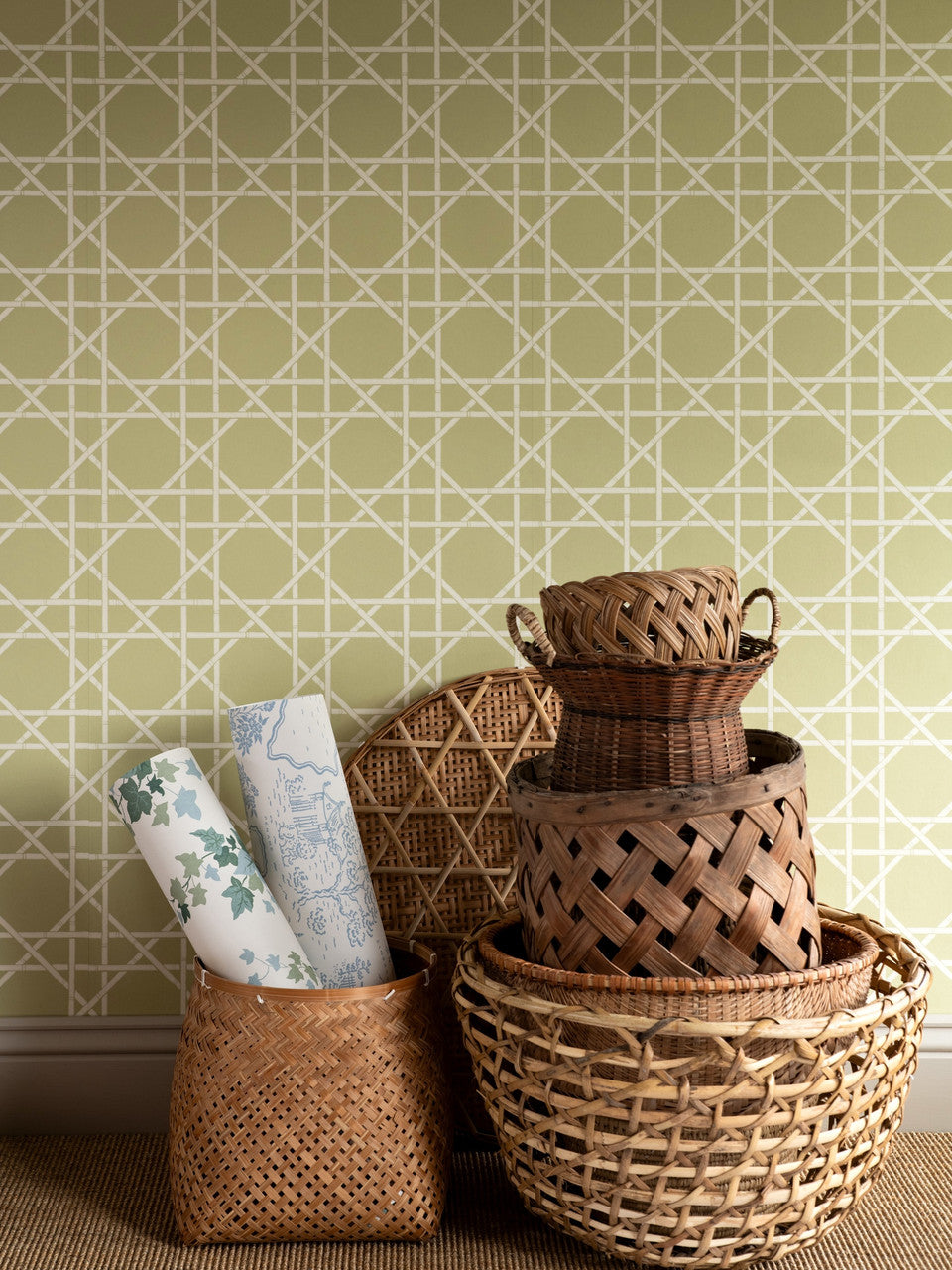 Trellis wallpaper in Dusty Lemon by Natty & Polly, styled in an interior