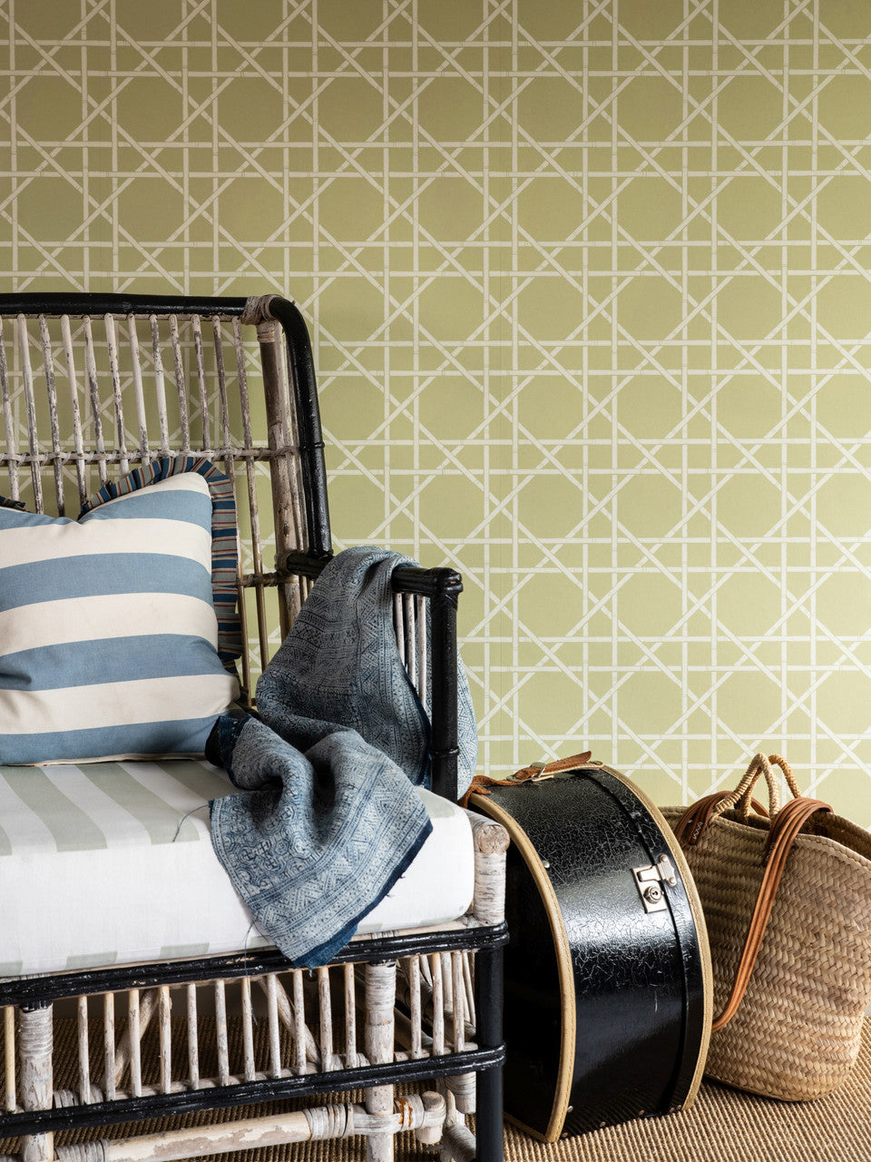 Trellis wallpaper in Dusty Lemon by Natty & Polly, styled in an interior