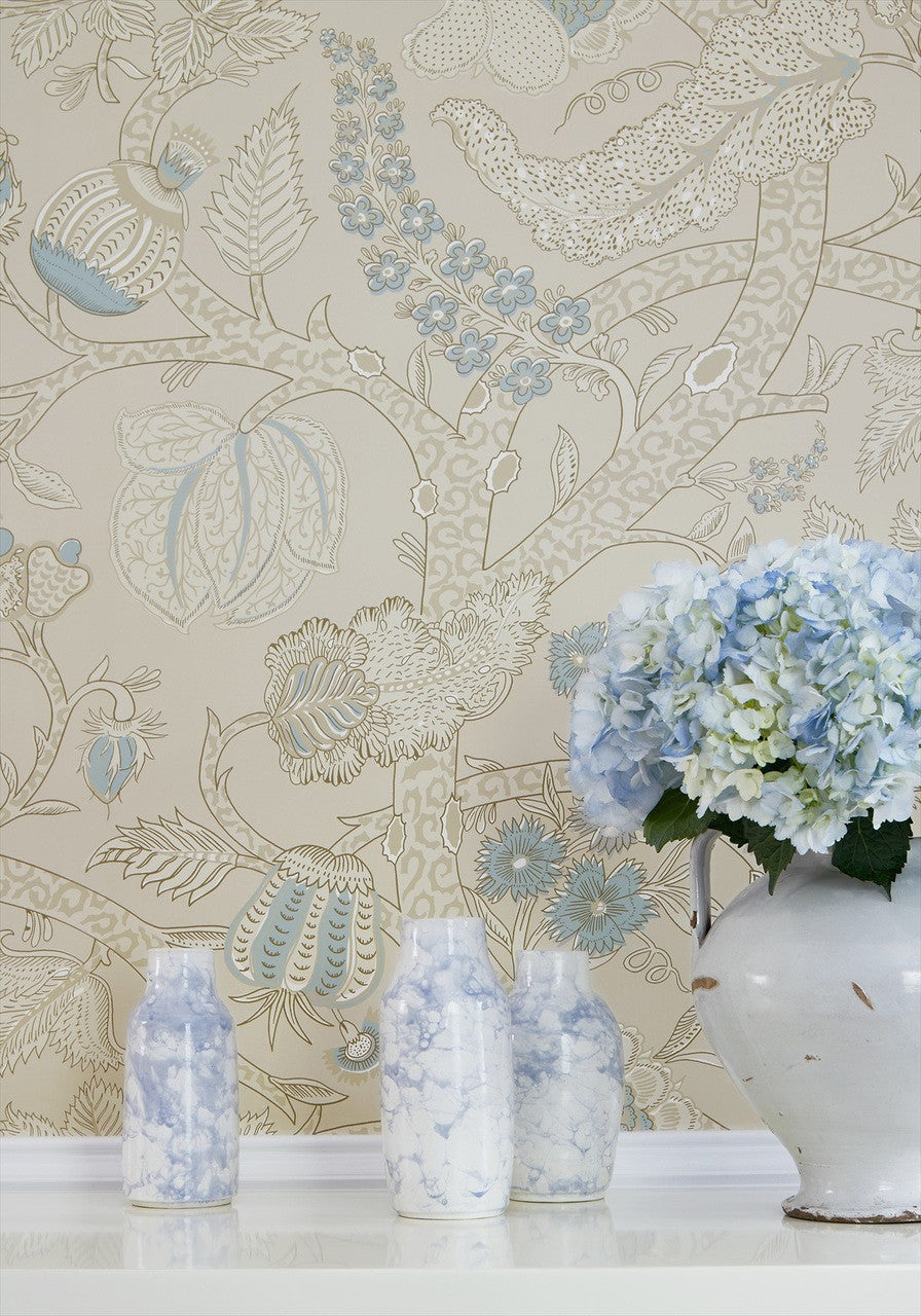 Macbeth wallpaper in Beige by Natty & Polly, full pattern view