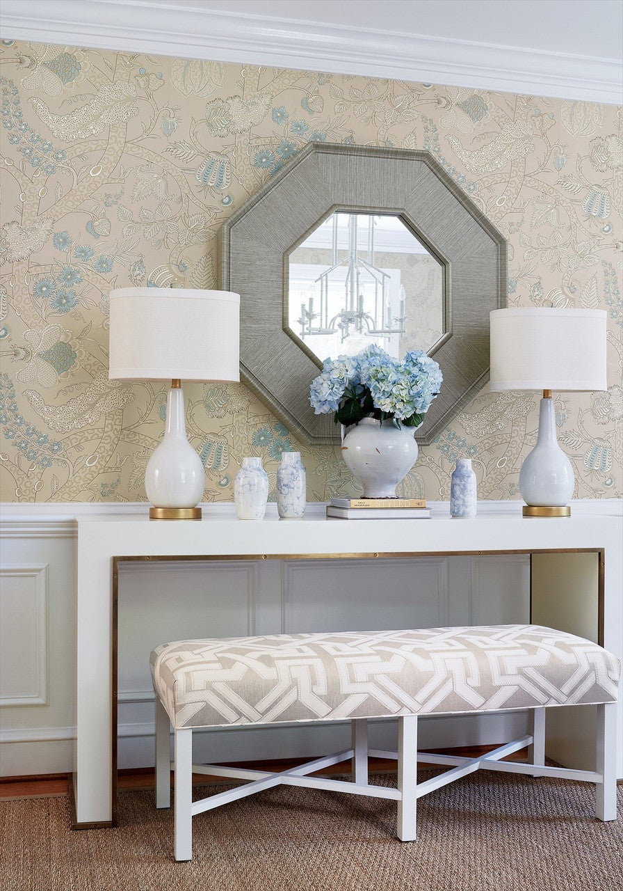 Macbeth wallpaper in Beige by Natty & Polly, full pattern view