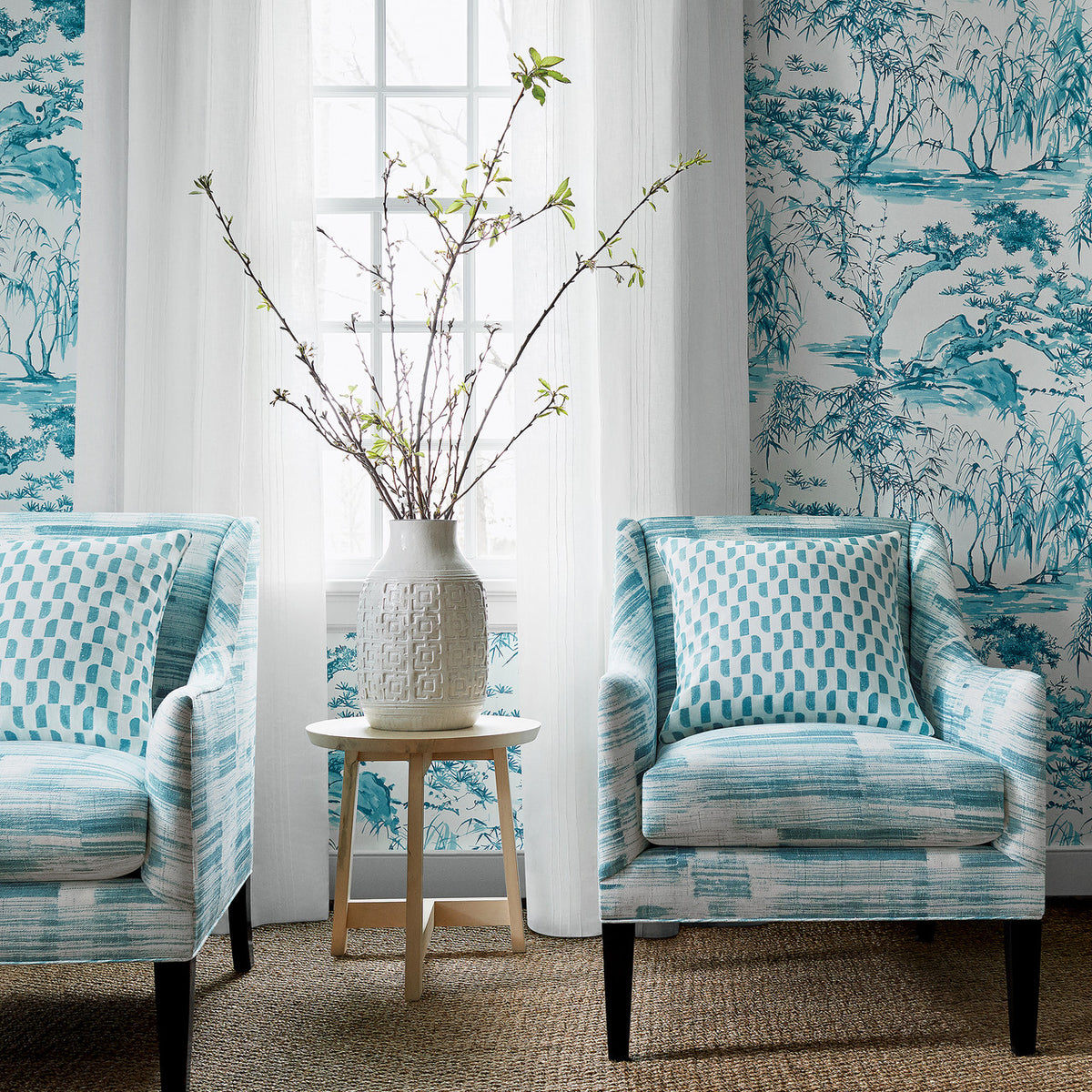 Kyoto wallpaper in Robins Egg by Natty & Polly, styled in an interior