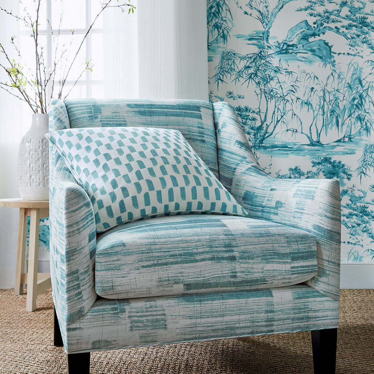 Kyoto wallpaper in Robins Egg by Natty & Polly, styled in an interior