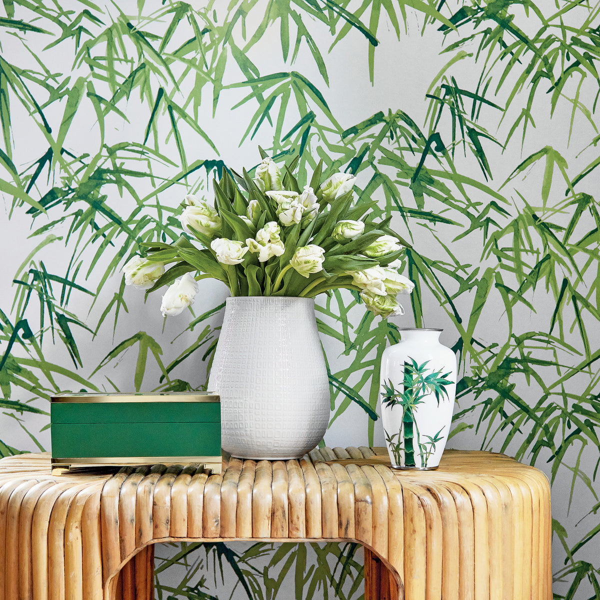 Kyoto Leaves wallpaper by Natty & Polly, styled in an interior