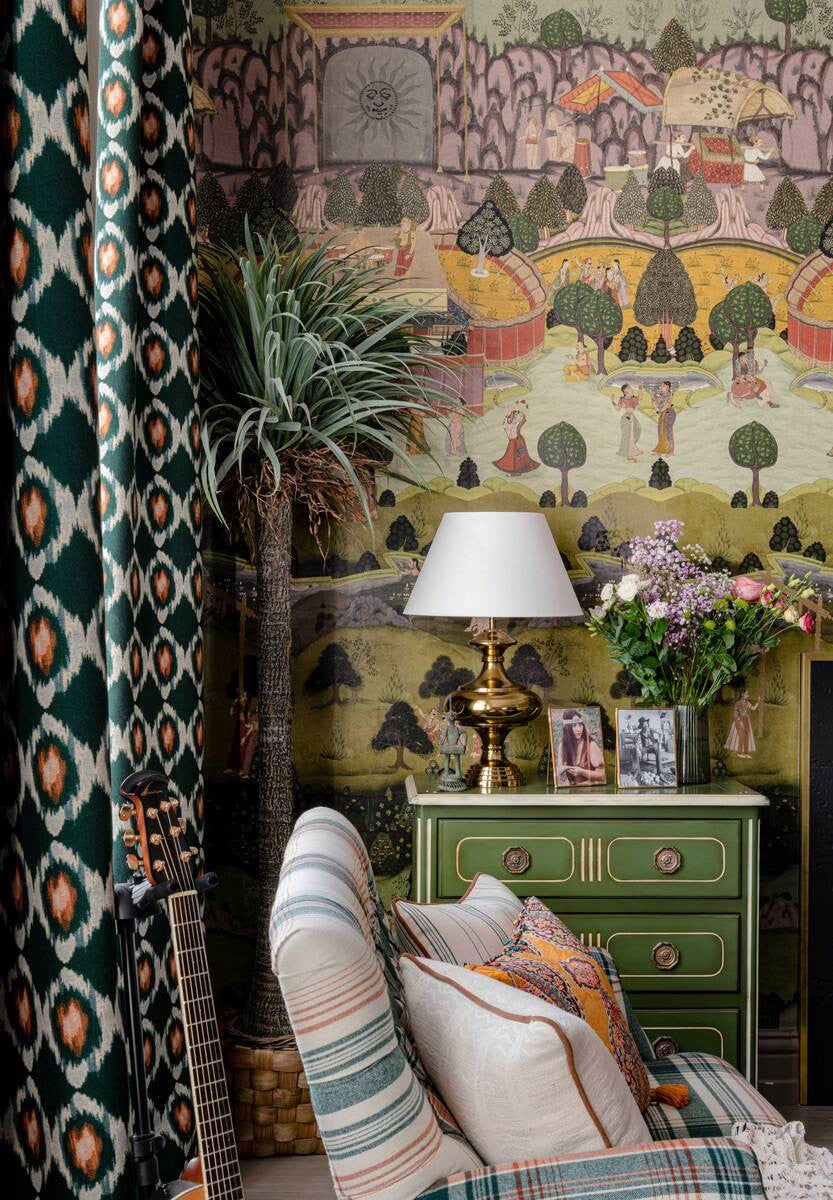 Peace and Music wallpaper in Multi by Natty & Polly, styled in an interior