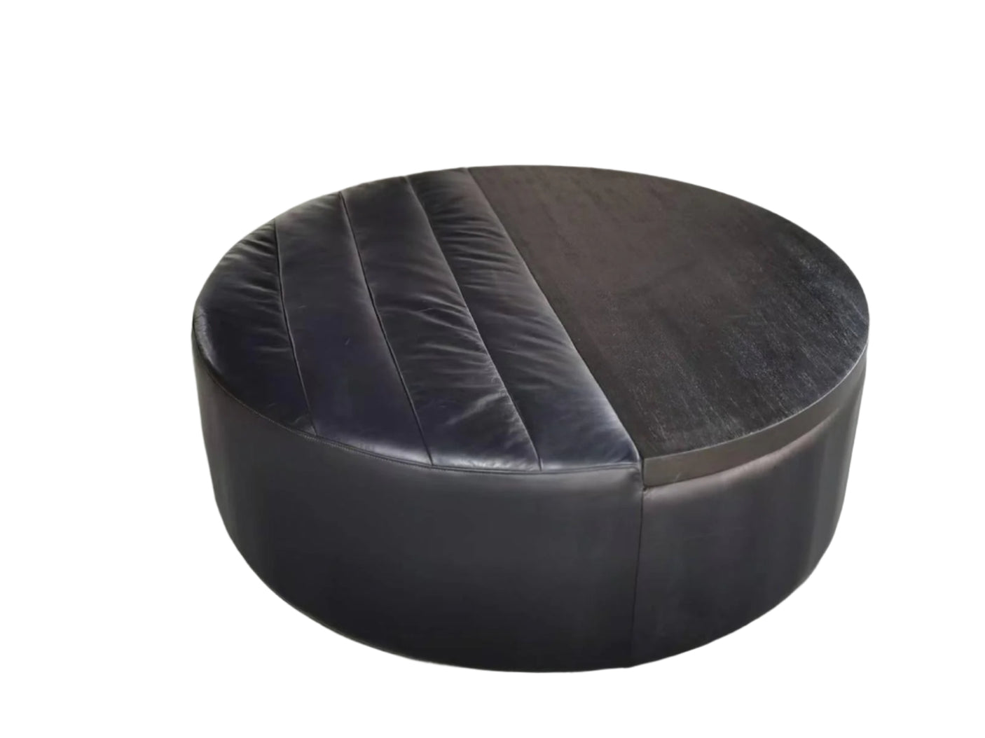 Mara Round Coffee Table — Charred Wood & Brazilian Aged Leather Finish, Cocolea, , ,