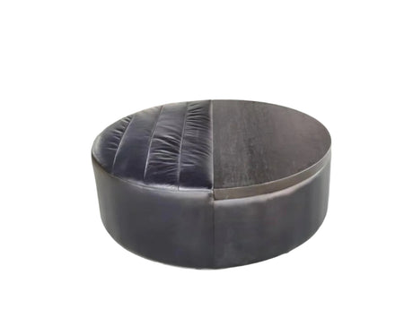 Mara Round Coffee Table — Charred Wood & Brazilian Aged Leather Finish, Cocolea, , ,