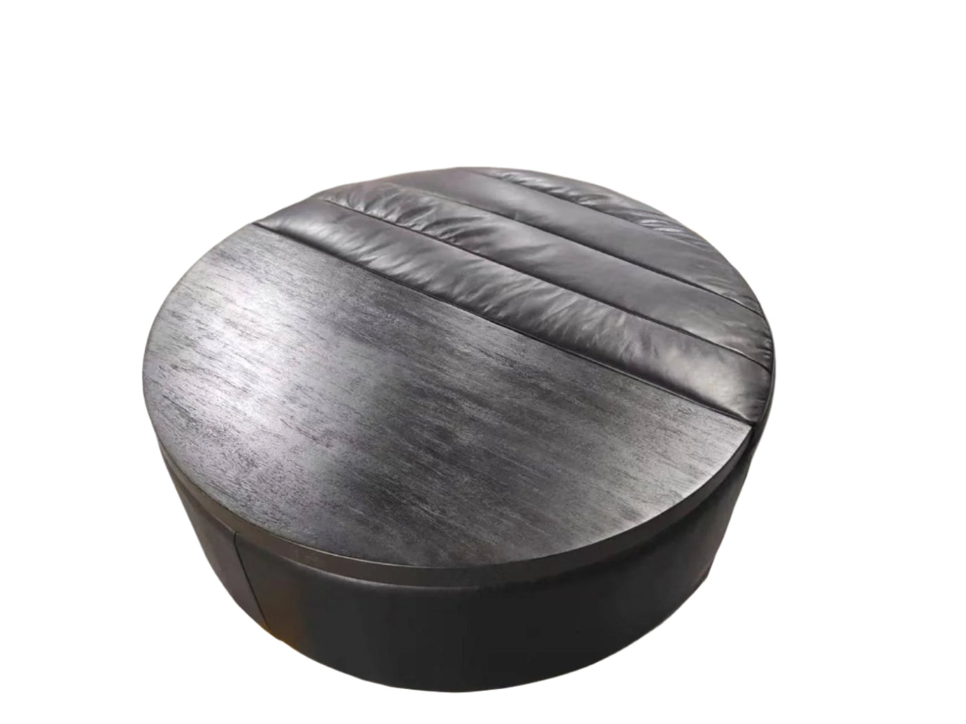 Mara Round Coffee Table — Charred Wood & Brazilian Aged Leather Finish, Cocolea, , ,