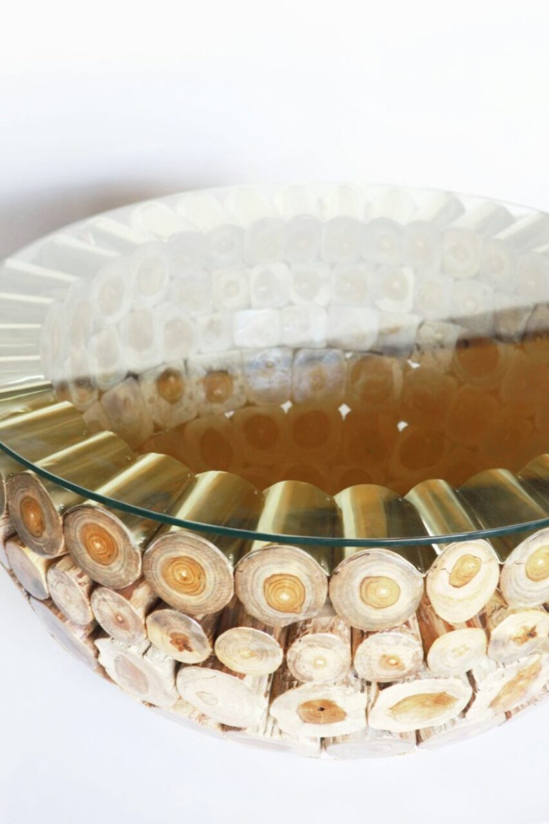 Cannon Teak Wood Stump and Brass Round Coffee Table - Large, Cocolea, , ,