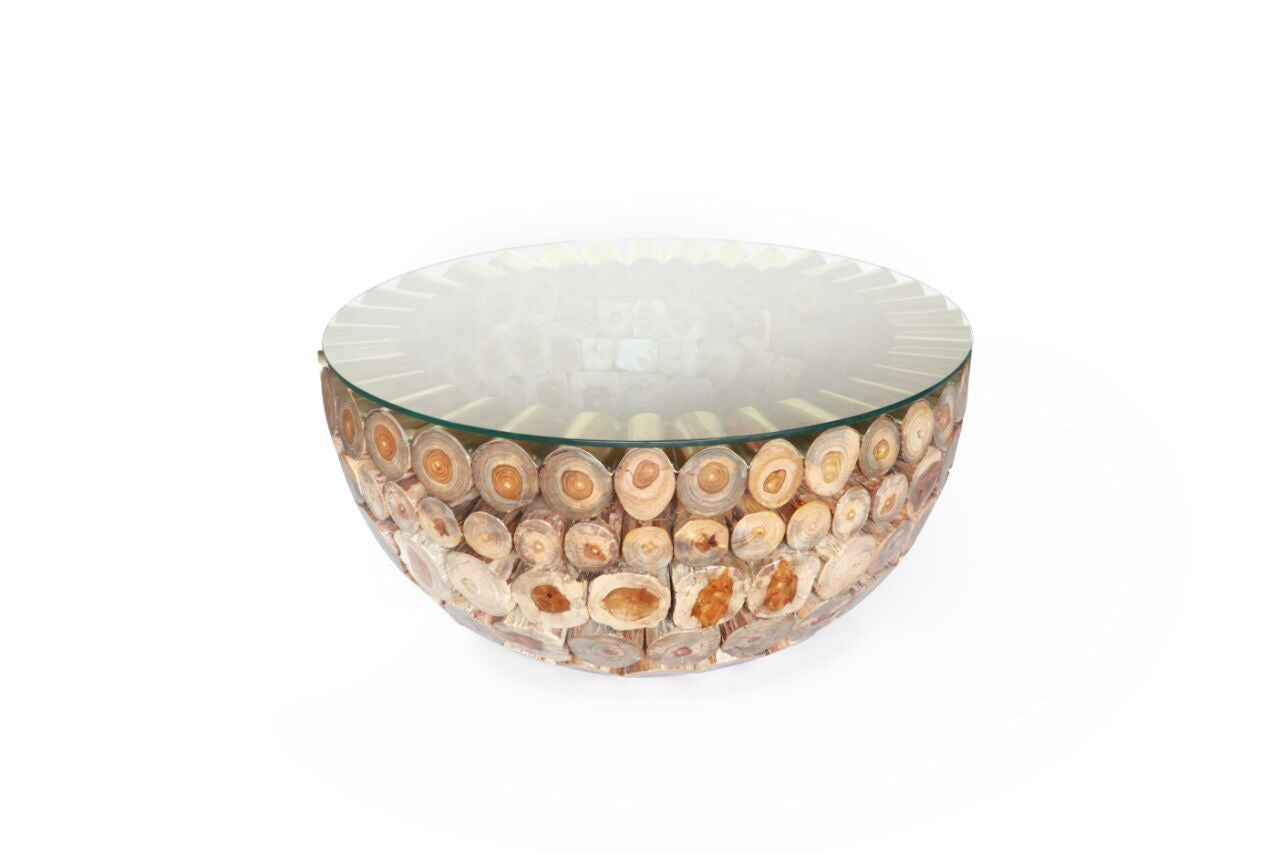 Cannon Teak Wood Stump and Brass Round Coffee Table - Large, Cocolea, , ,