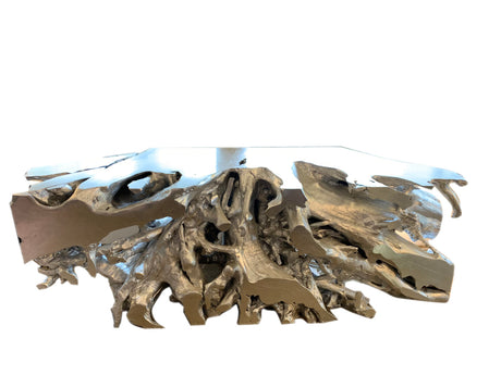 Teak Root Wood Console Table in Silver Leaf, Cocolea, , ,