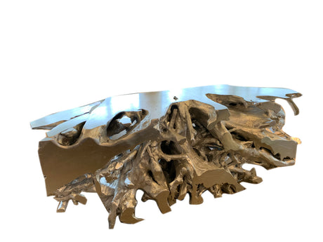 Teak Root Wood Console Table in Silver Leaf, Cocolea, , ,