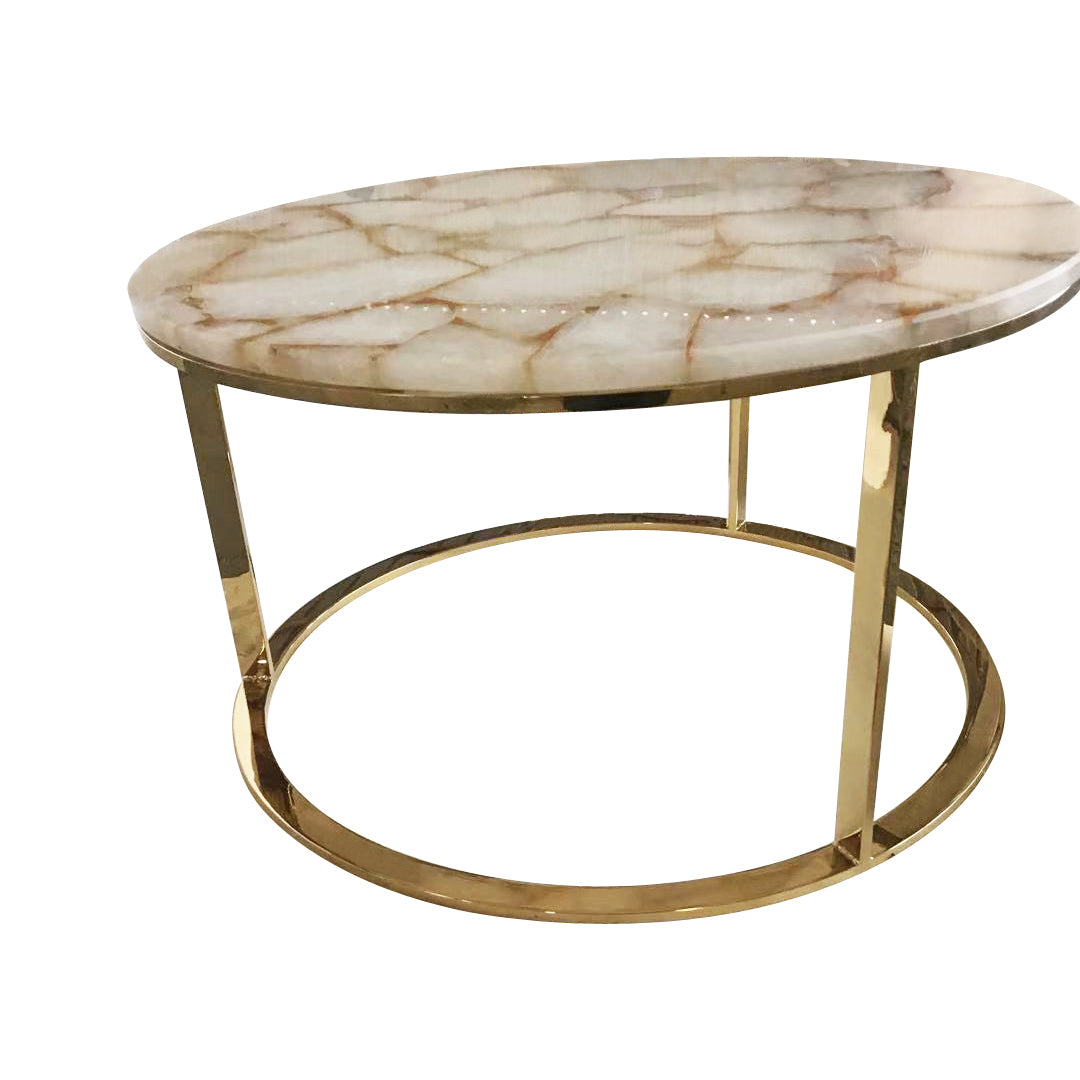 Infinity White Quartz and Gold Leaf Round Coffee Table with Gold Metal Frame, Cocolea, , ,