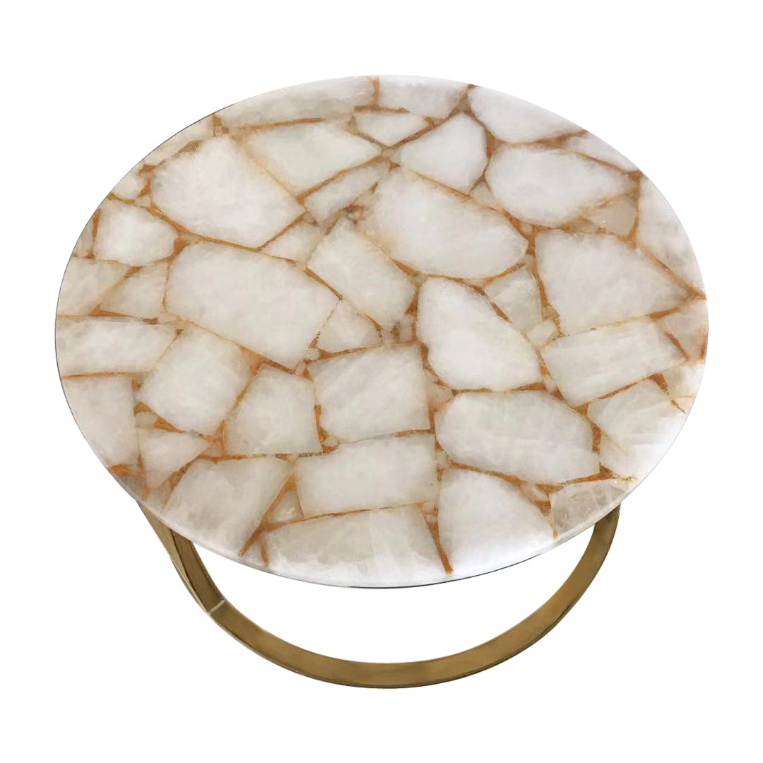 Infinity White Quartz and Gold Leaf Round Coffee Table with Gold Metal Frame, Cocolea, , ,