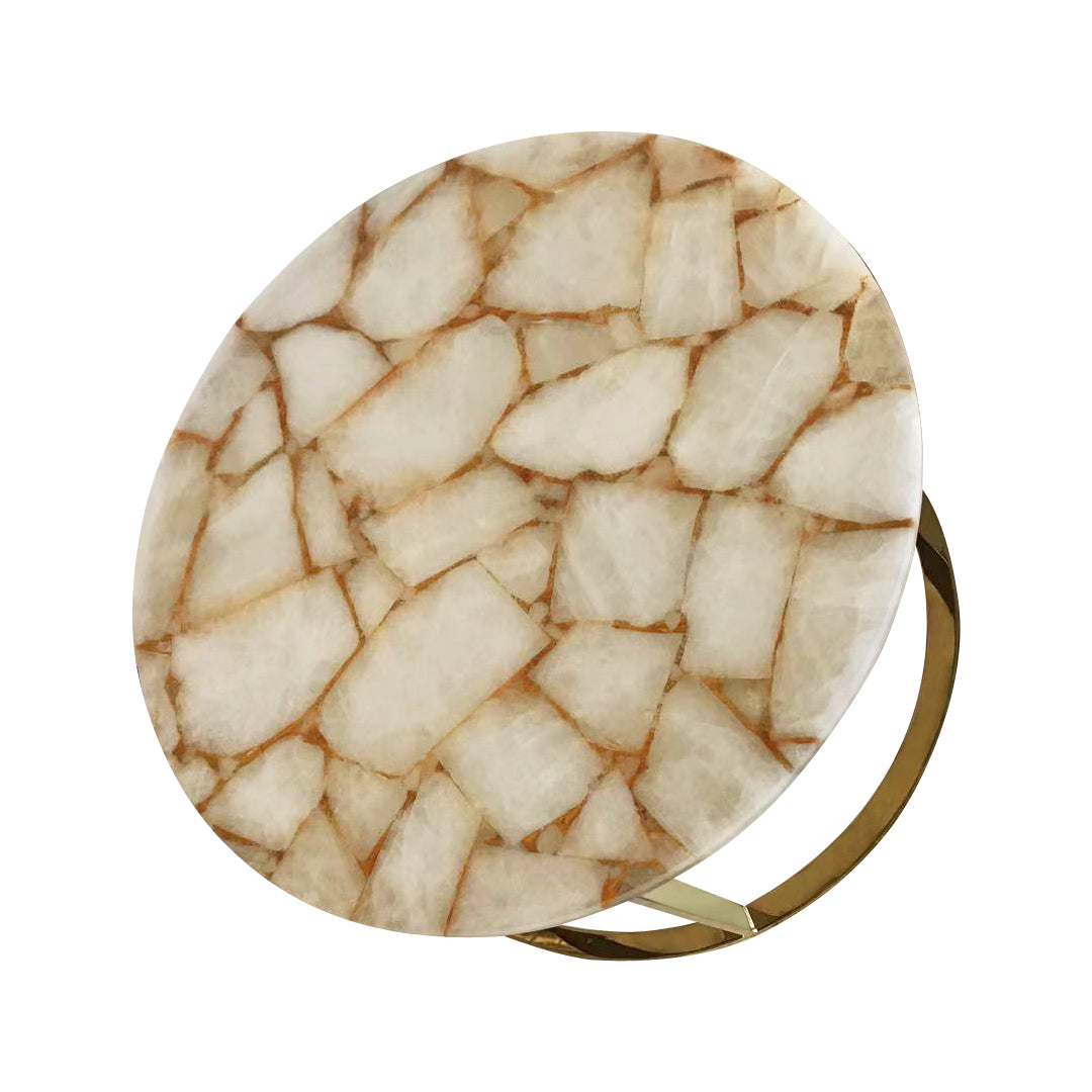 Infinity White Quartz and Gold Leaf Round Coffee Table with Gold Metal Frame, Cocolea, , ,