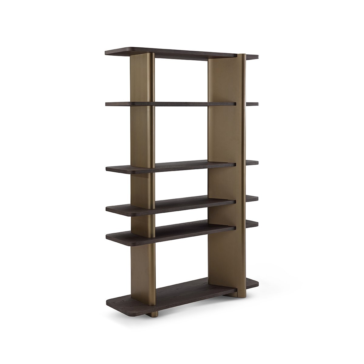 Maison Debrah Delvane open bookcase with dark grey elm shelves on two upright brass columns — view 3
