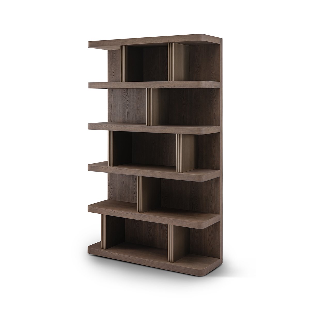 Maison Debrah Colven five-shelf bookcase in light grey elm with three full-height brass dividers — view 2