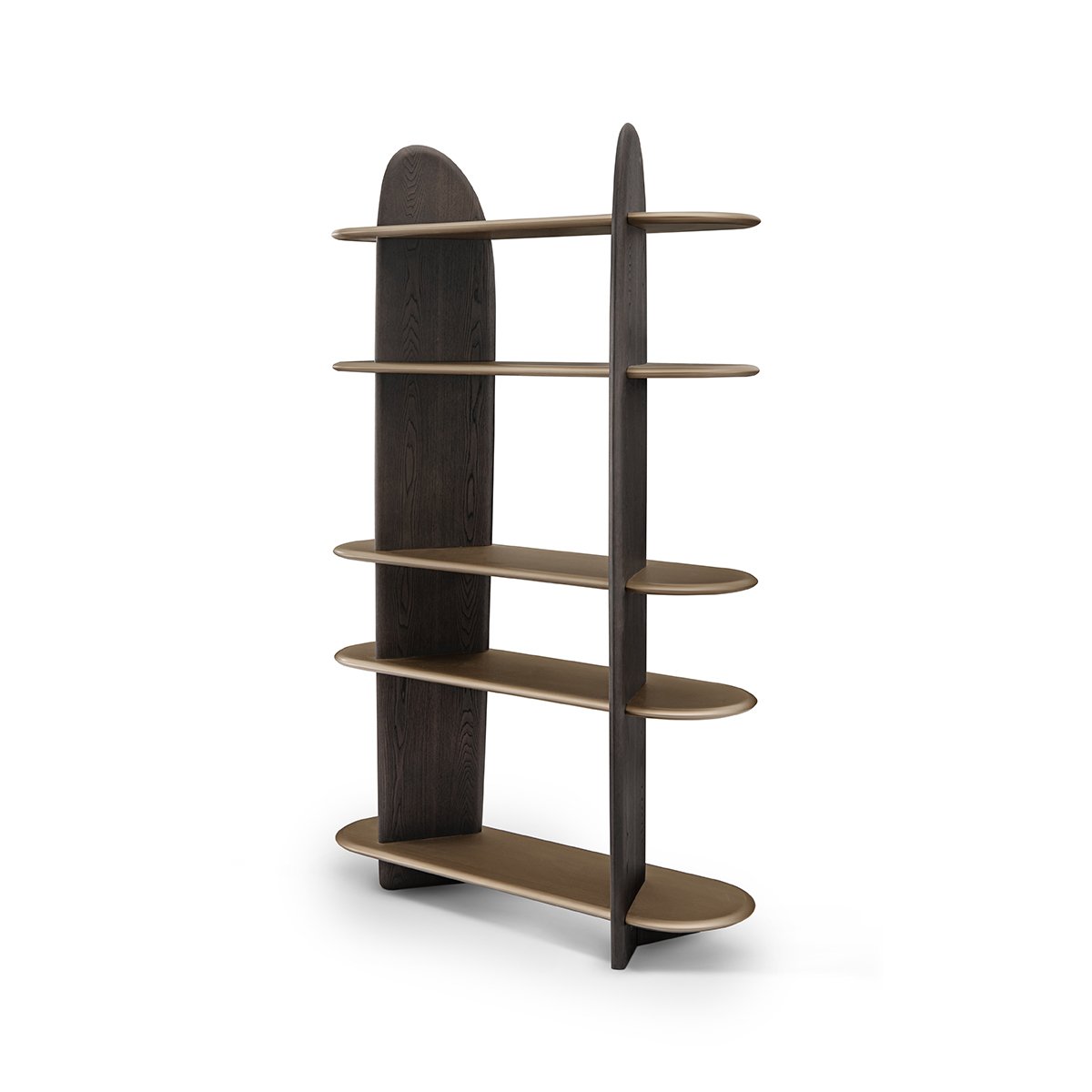 Maison Debrah Vaulne bookshelf with dark grey elm arched columns and five floating brass oval shelves — view 2