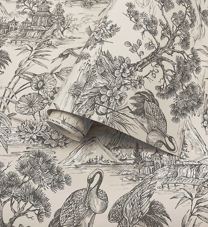 Natoru wallpaper in Cream / Charcoal by Natty & Polly, full pattern view