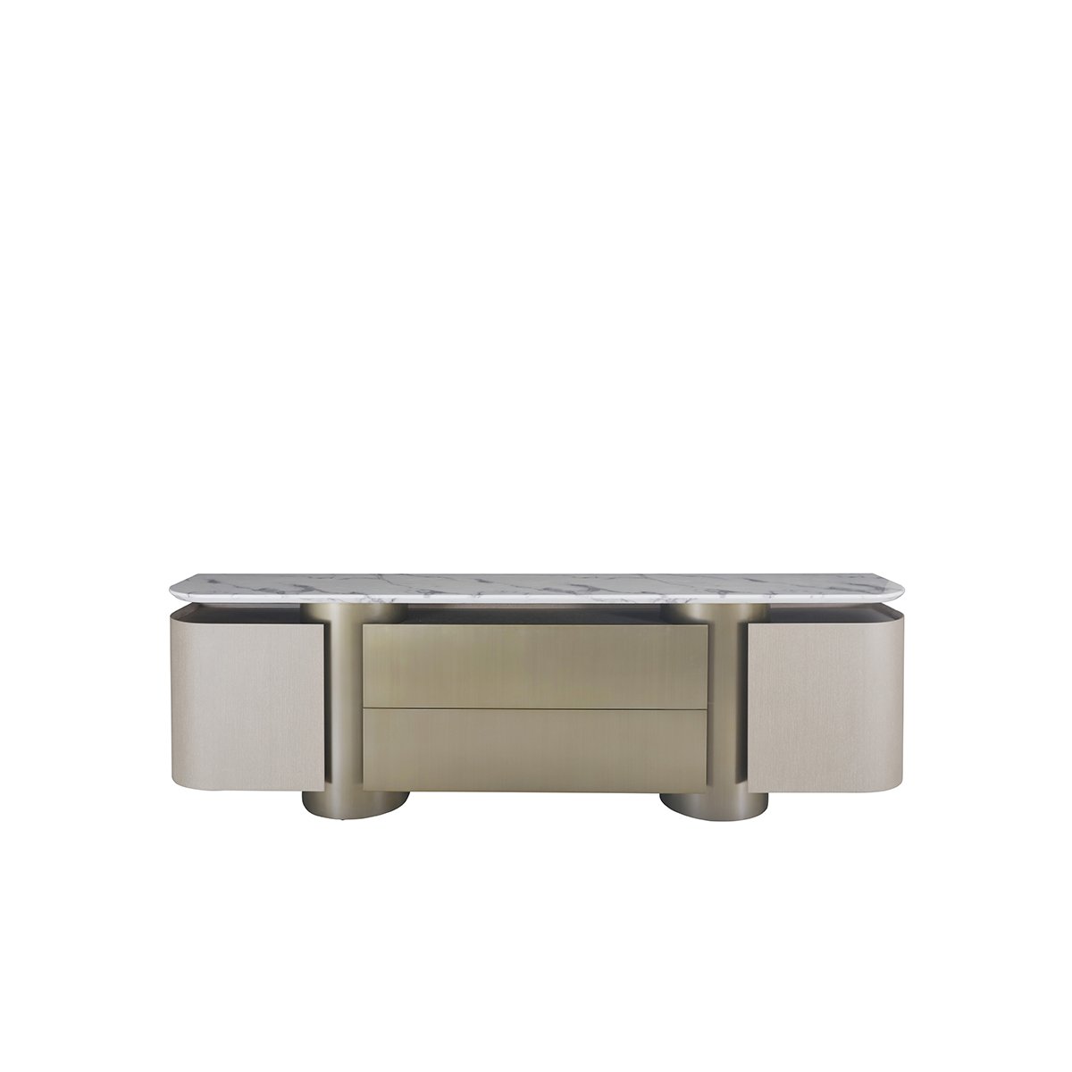 Maison Debrah Torlen wide grey oak sideboard with brushed bronze drawer panel and round bases