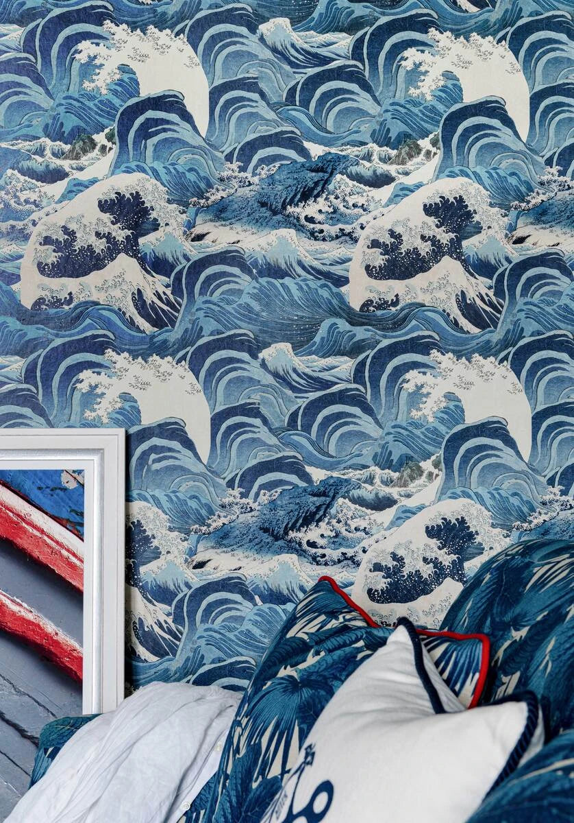 Sea Waves wallpaper in Blue by Natty & Polly, styled in an interior