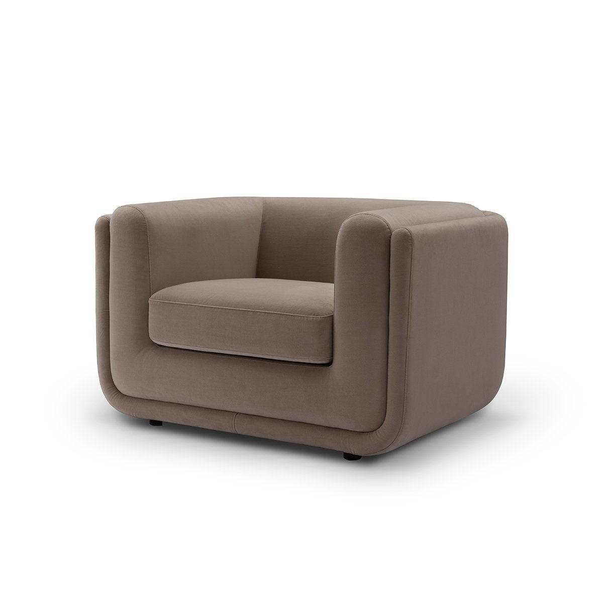 Maison Debrah Javrel armchair in warm mocha fabric with flat arms and gold steel base